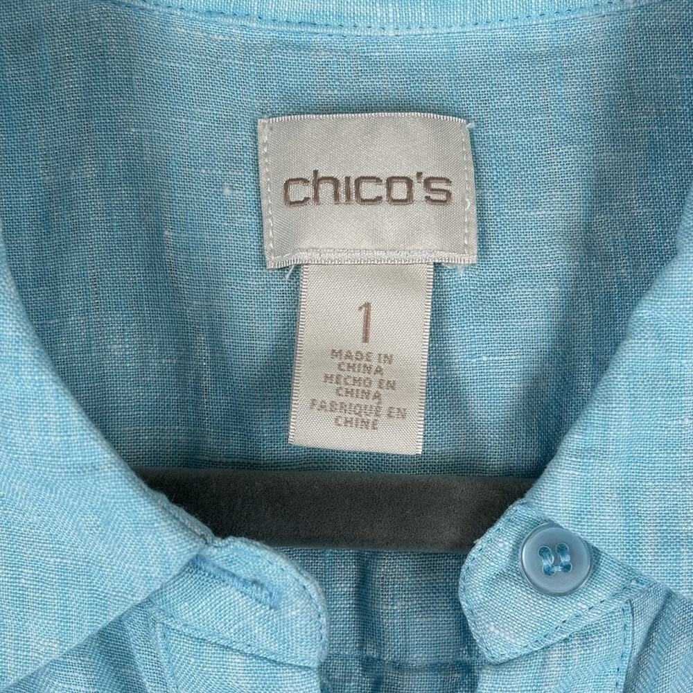 Chicos 100% Linen Tunic Dress Medium Aqua Beachy Coastal Resort Cruise Natural - Picture 5 of 12